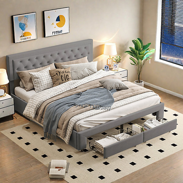 Lit coffre gris 160 x 200 cm, velours, avec tête de lit rembourrée réglable en hauteur, lit coffre avec tiroirs et lattes en bois