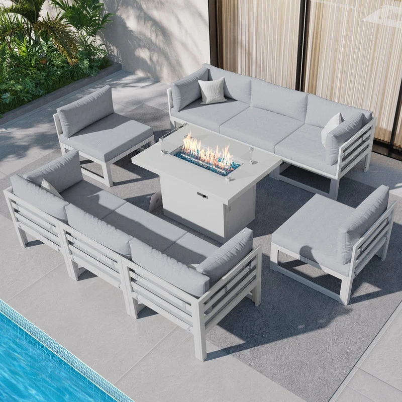 FINCATI 9-piece Extra-large Luxury Aluminum Patio Furniture Set with Deep Seating and Convertible 43'' Fire Pit Table