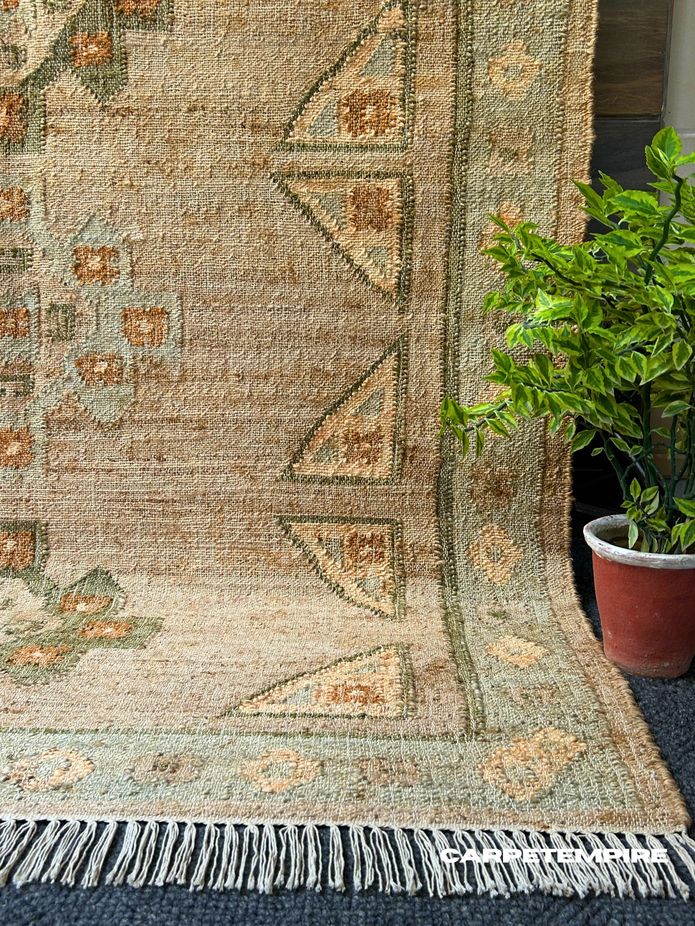 Muted Kilim Rug: Handwoven Neutral Jute Area Rug - Rustic Farmhouse Cottagecore Decor - Large Carpet