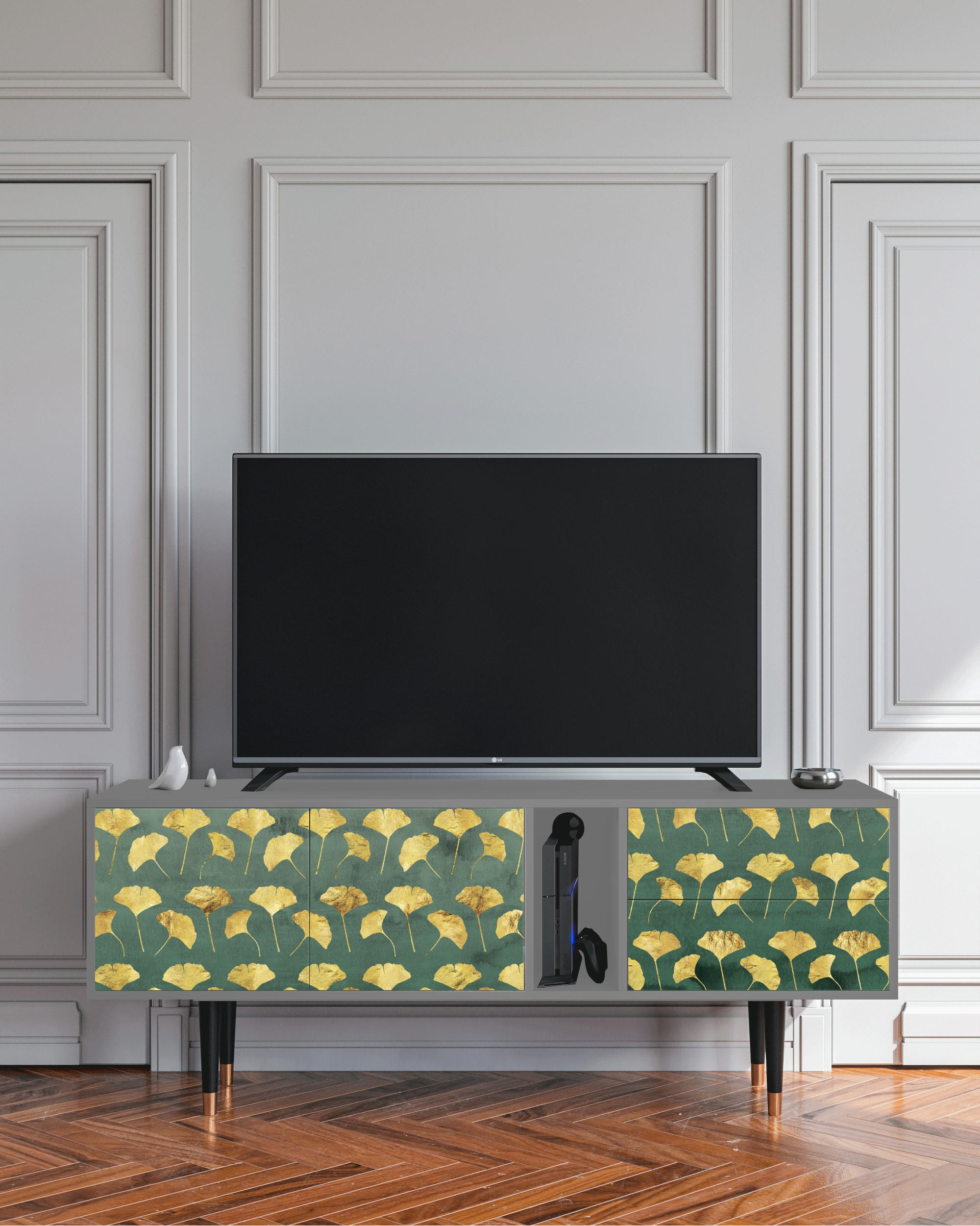 GINGKO LEAVES - Meuble TV  vert et jaune 2 tiroirs et 2 portes L 170 cm