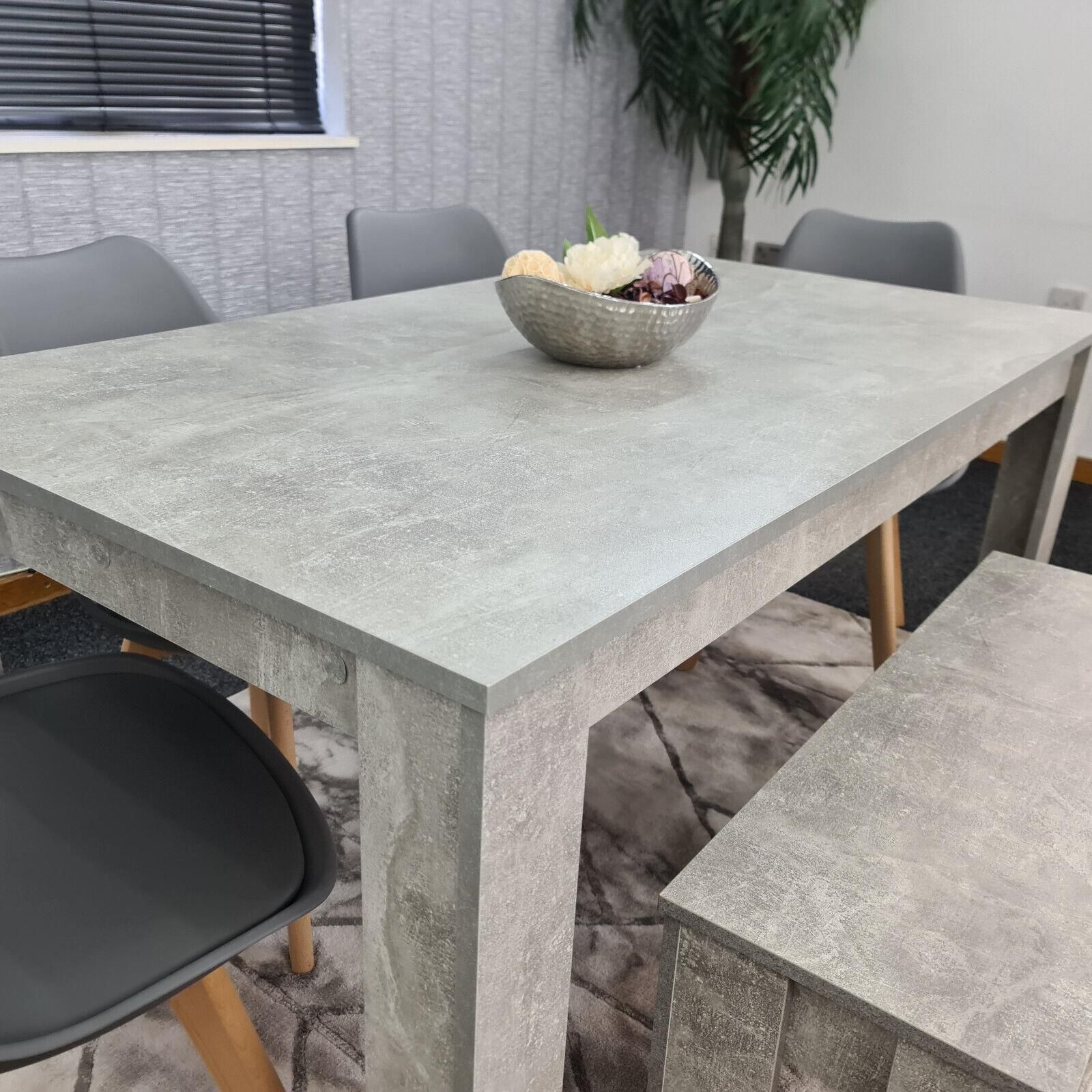 KOSY KOALA Stone Grey Effect Dining Table with Bench and 4 Grey Plastic Chairs Dining Room Furniture Set