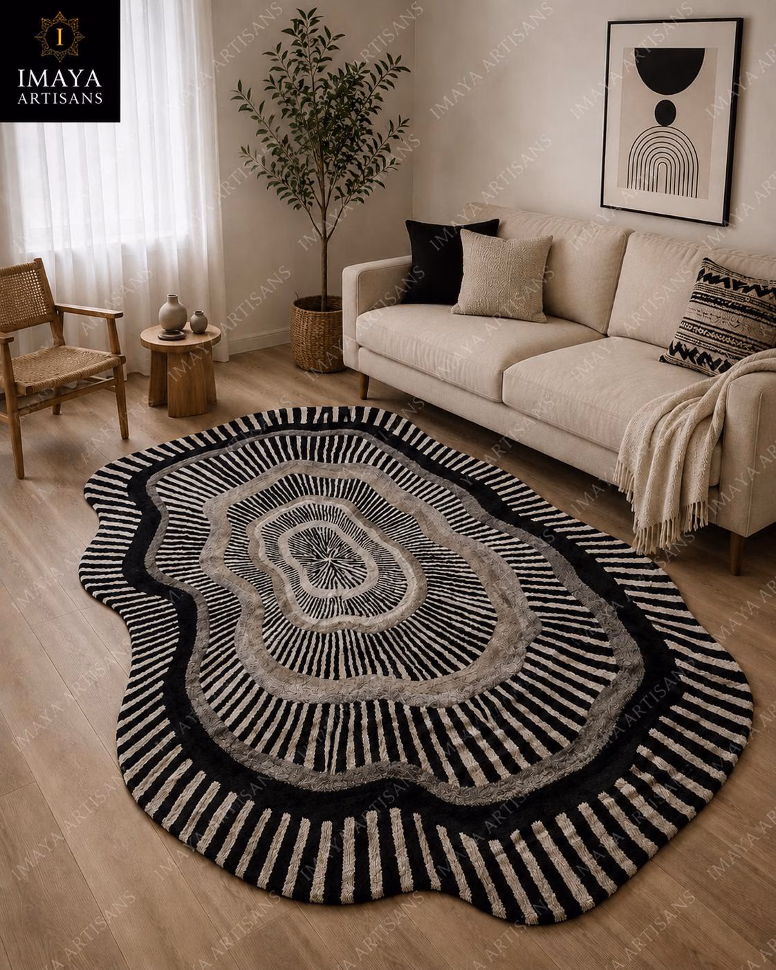 Black White Abstract Area Rug, Handmade Modern Irregular Geometric Carpet, Living Room Bedroom Decor