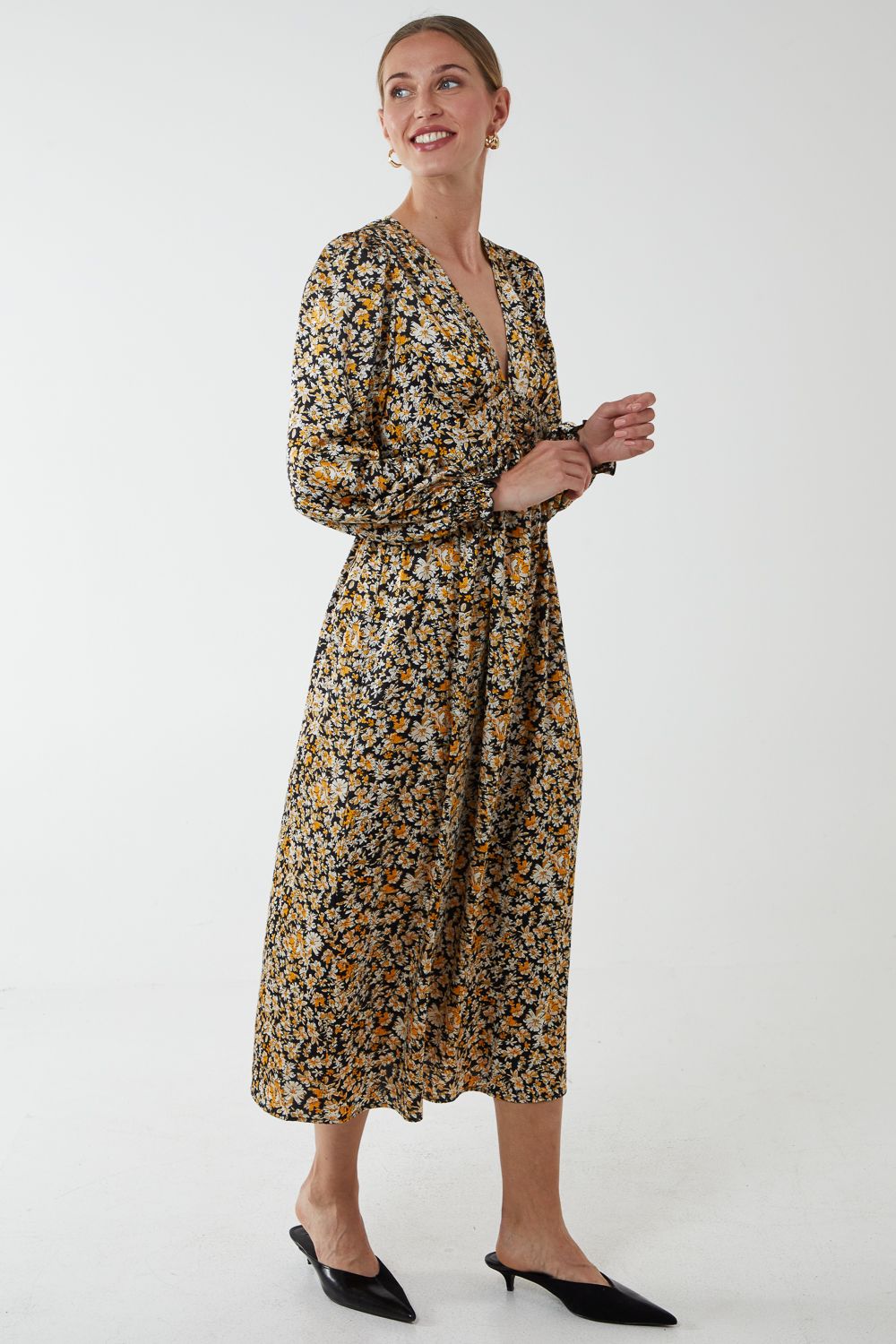Blue Vanilla Ruched Deep V Volume Midi Dress