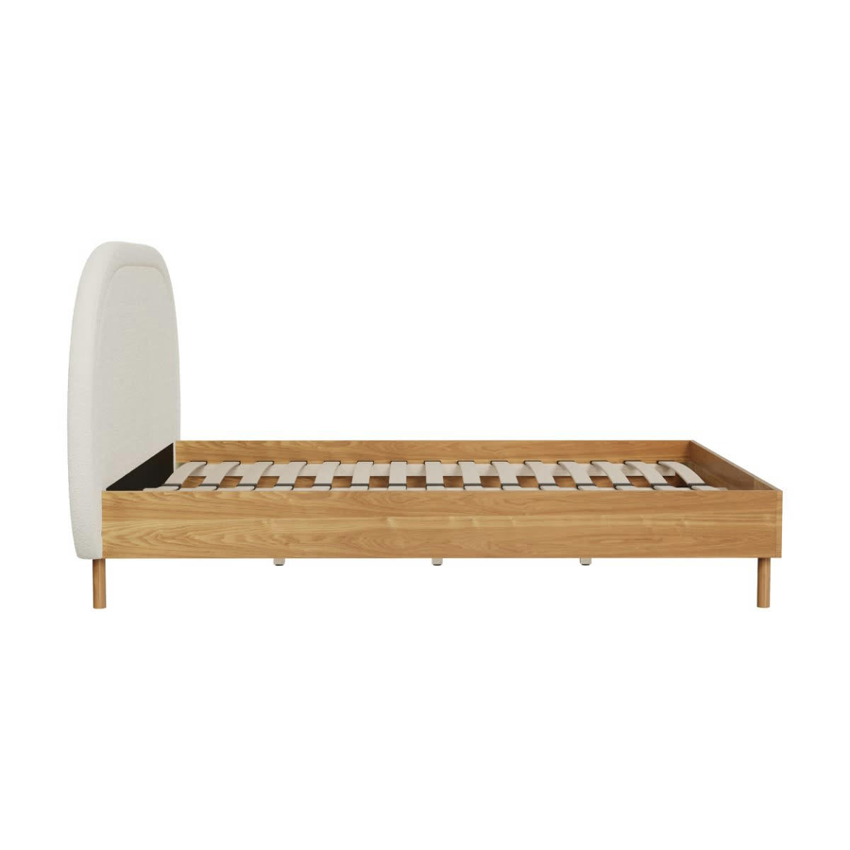 EVA - Lit double 160x200 cm en tissu bouclé beige et pieds en bois d'hévéa