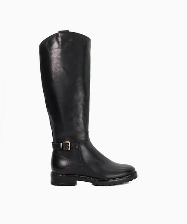 Tabbey Black - Leather Buckle Knee High Boots