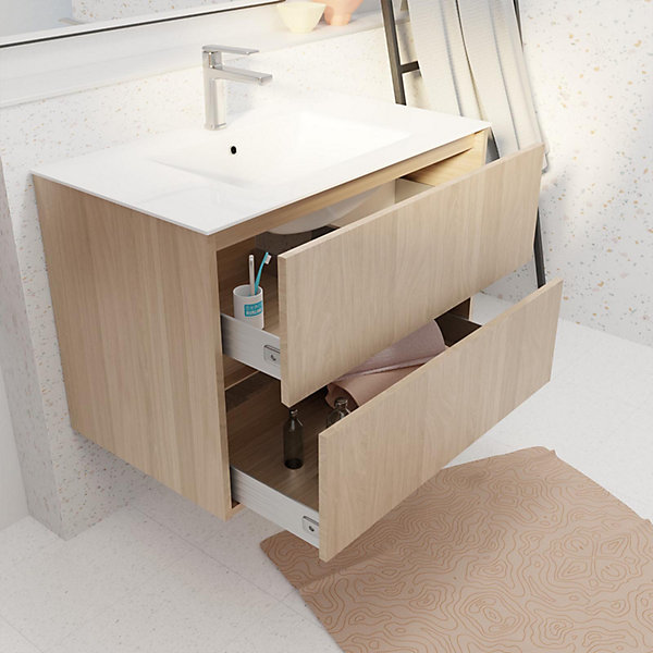 Pack Meuble Salle de Bains 80 cm Chêne Clair, 2 tiroirs avec Vasque Céramique - XENOS