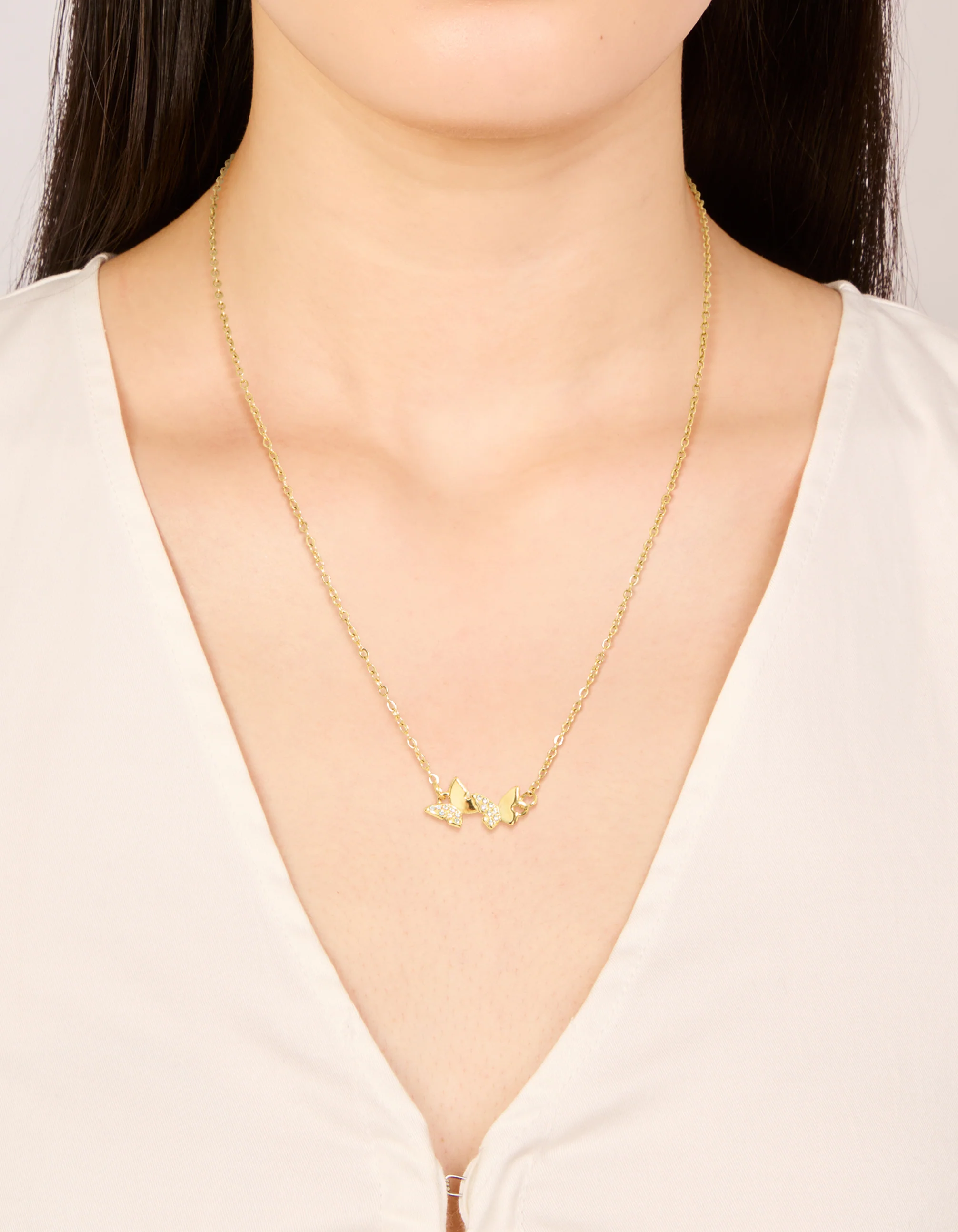 Waterproof Gold Plated Stainless Steel Cubic Zirconia Butterfly Necklace