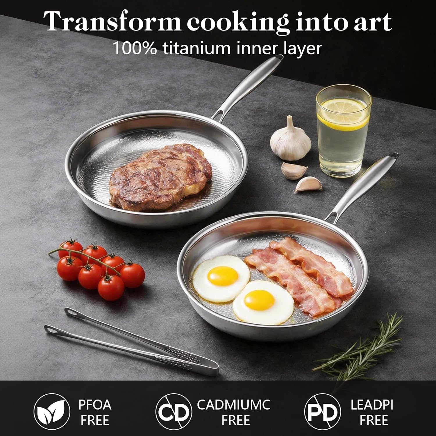 12 Inch Titanium Nonstick Frying Pan, 5-Layer Hammered Titanium-Alloy Skillet with Lid, PFOA/PFOS/Lead/Cadmium Free, Oven & Dishwasher Safe, Induction Cooktop Compatible