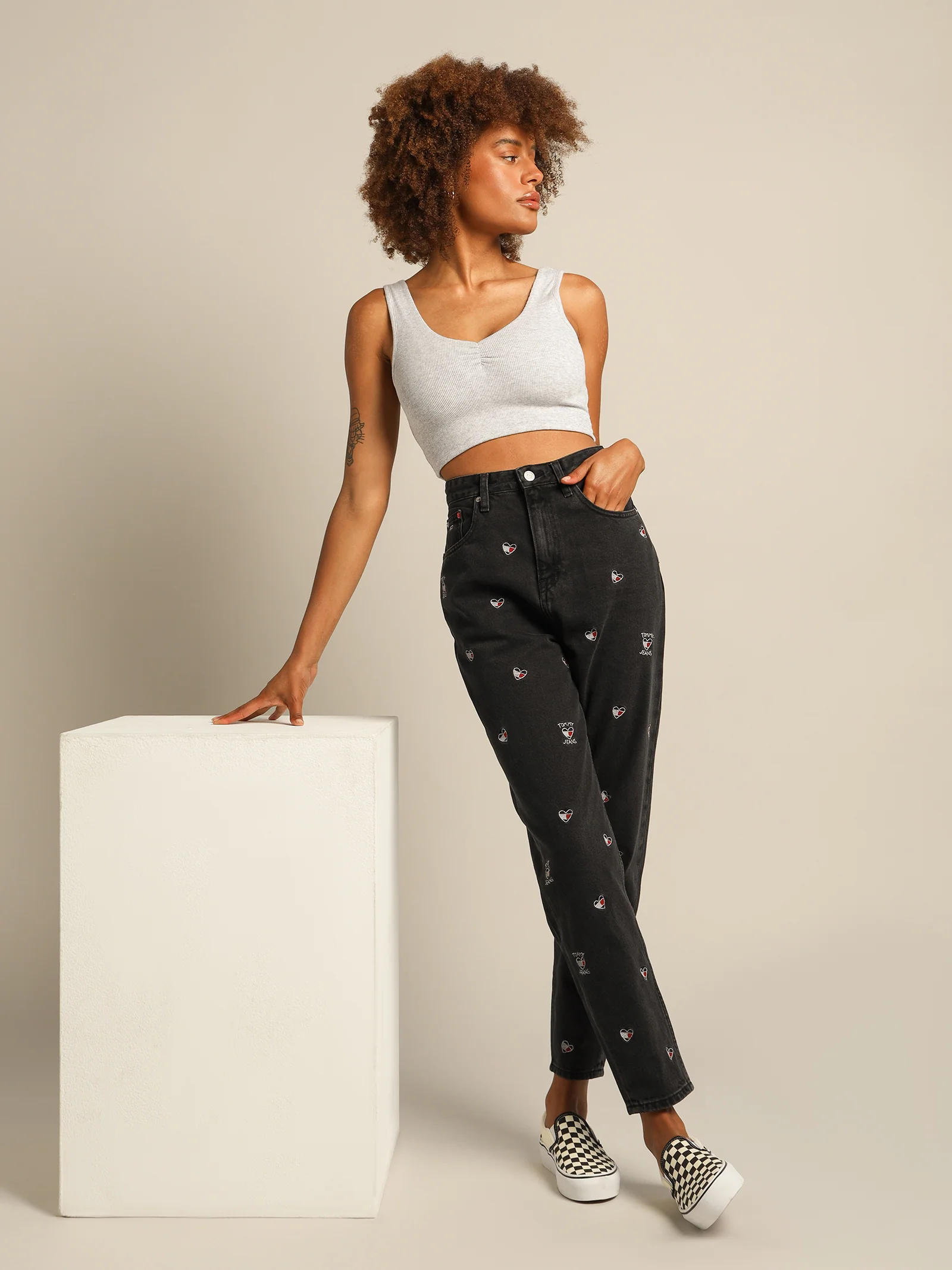 Ultra High-Rise Tapered Embroidered Heart Mom Jeans