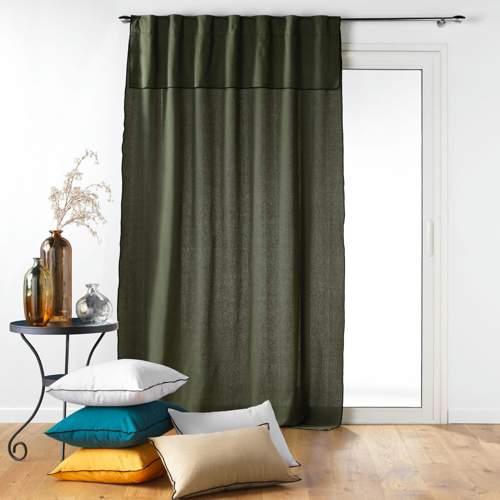 - Rideau voilage surfilé passants cachés coton vert olive 140x240 cm