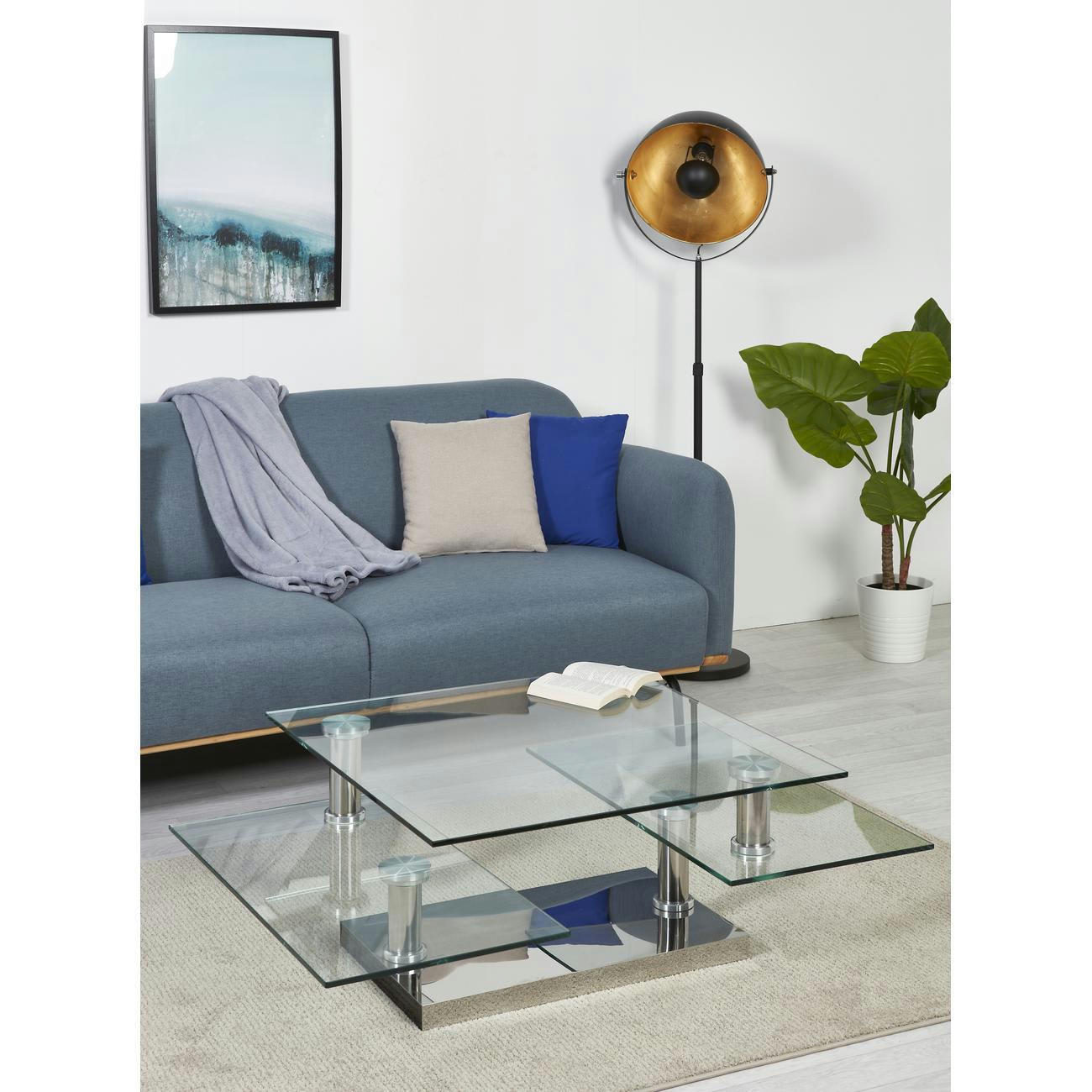 BURBANE - Table basse grise plateau verre pieds métal 80x80cm