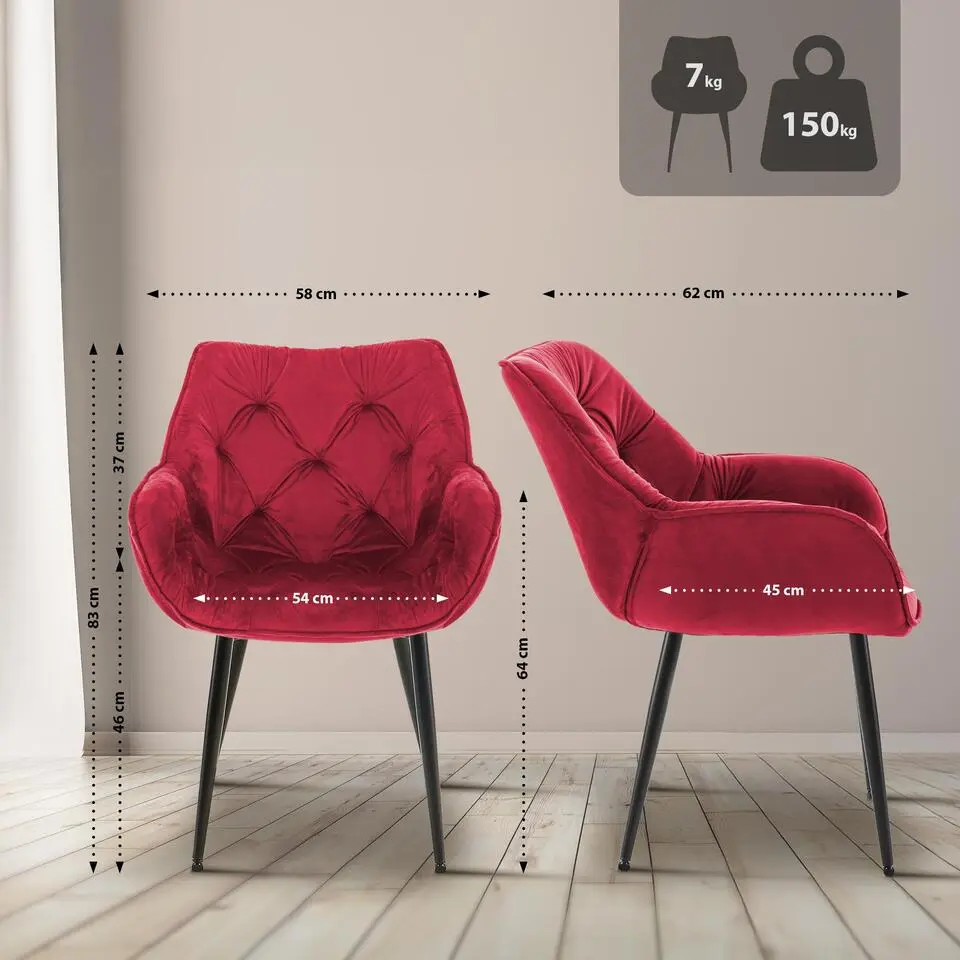 CLP Set van 4 Eetkamerstoel Tanna zwart Frame - Fluweel - rood