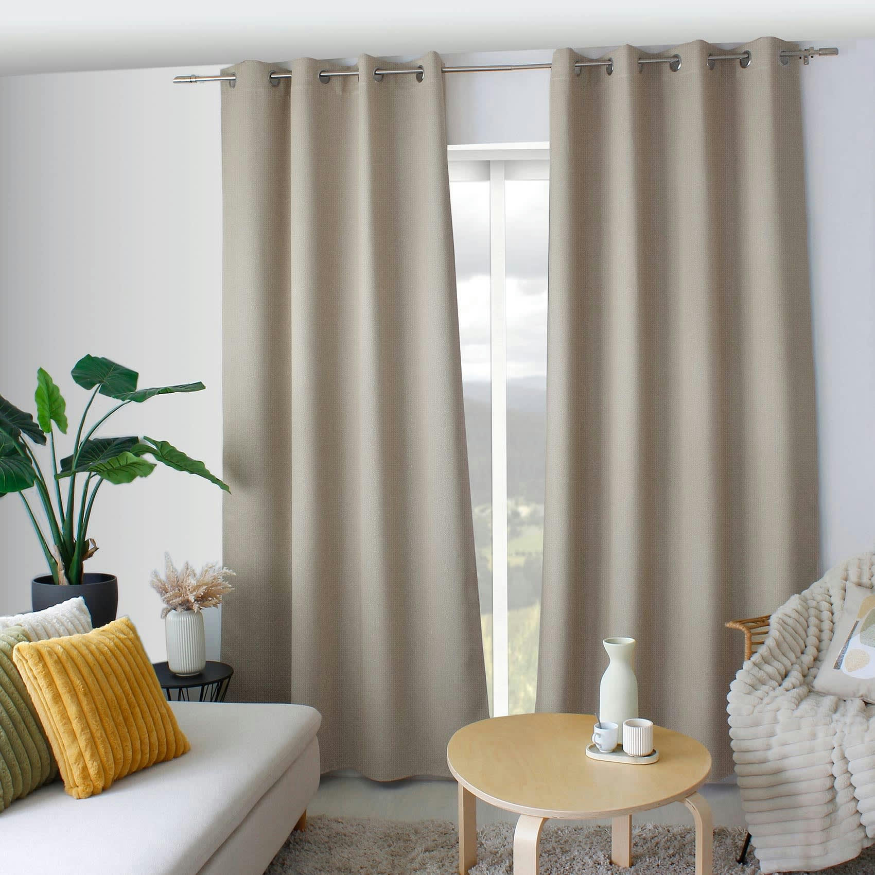 - Rideau occultant à effet tissé polyester, occultant beige 140x240  cm