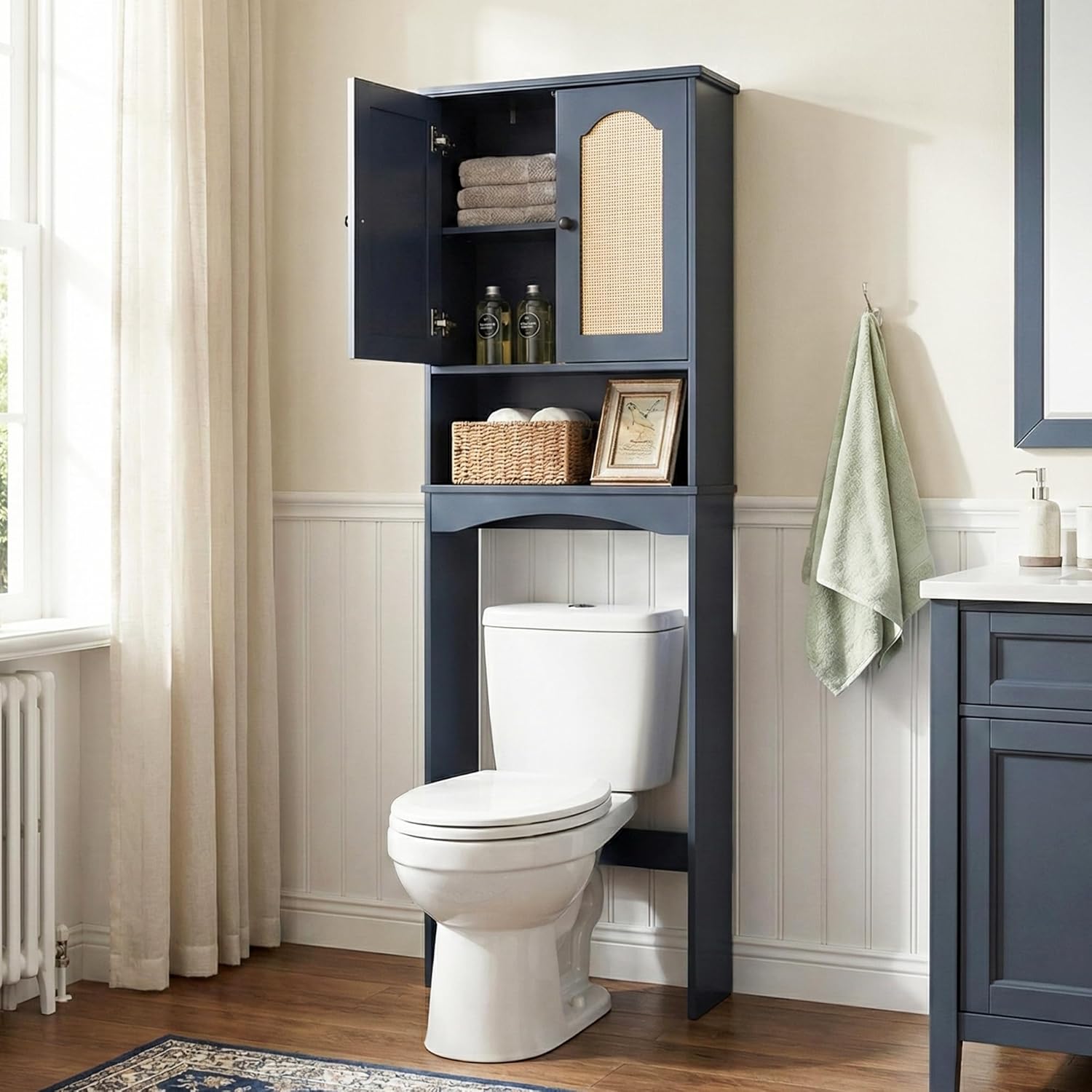 Premium Over The Toilet Storage Cabinet, Boho & Farmhouse Rattan Bathroom Organizer, Adjustable Bottom Bar for Water Valve Clearance, Navy Blue P2 MDF, 24x70