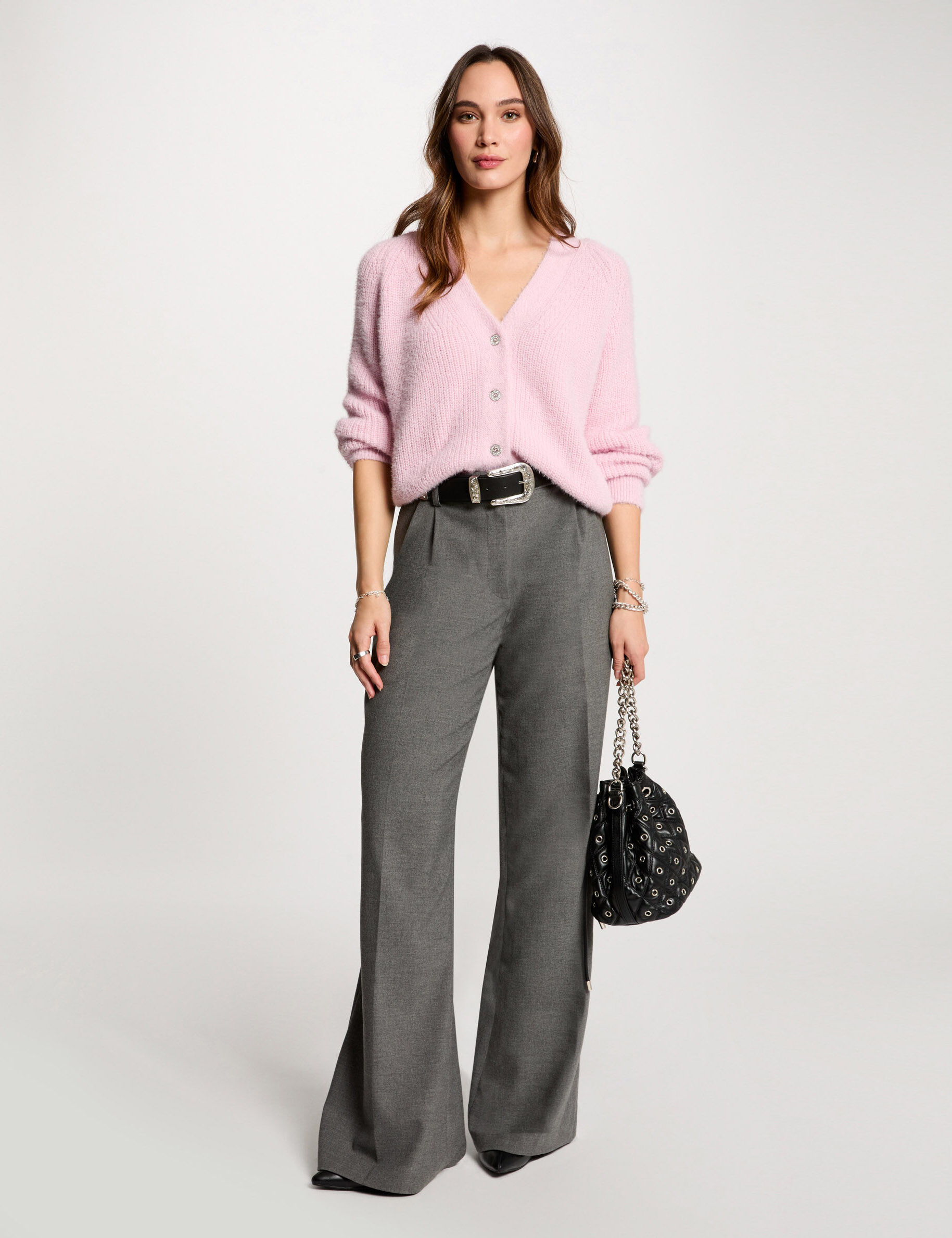 Wide Leg Trousers With Darts Light Grey Women