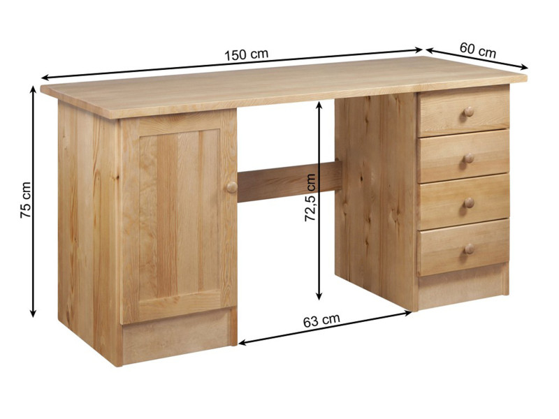 Biurko drewniane Modern III 150 cm, 4 szuflady i drzwi, sosna