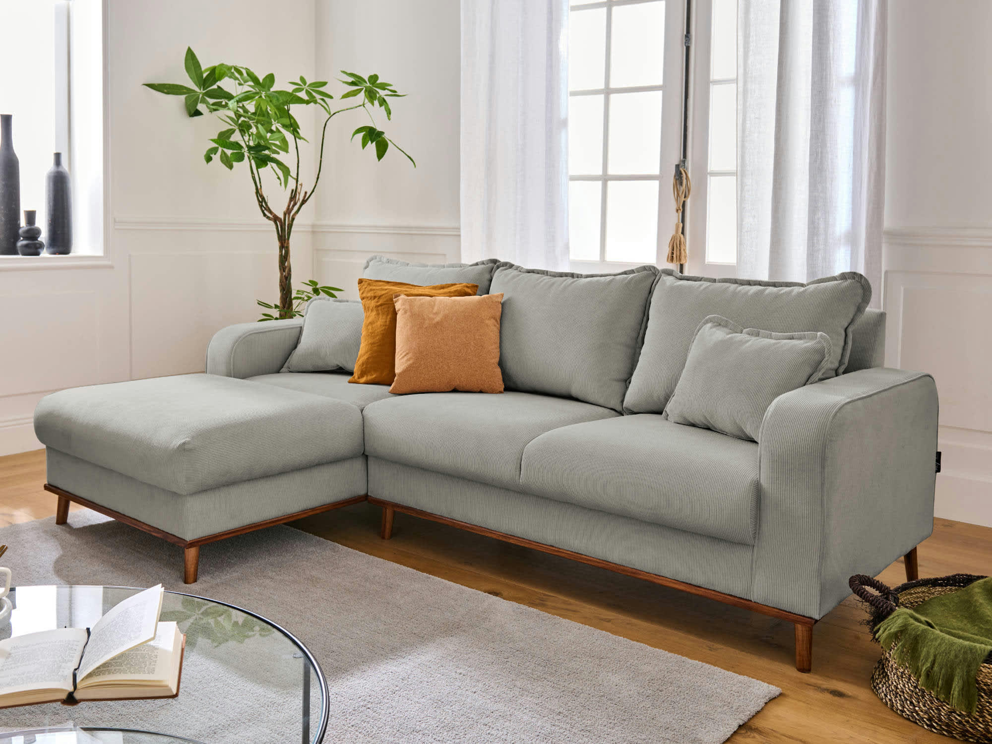 BILLIE - Canapé d'angle gauche 4 places en velours côtelé gris clair