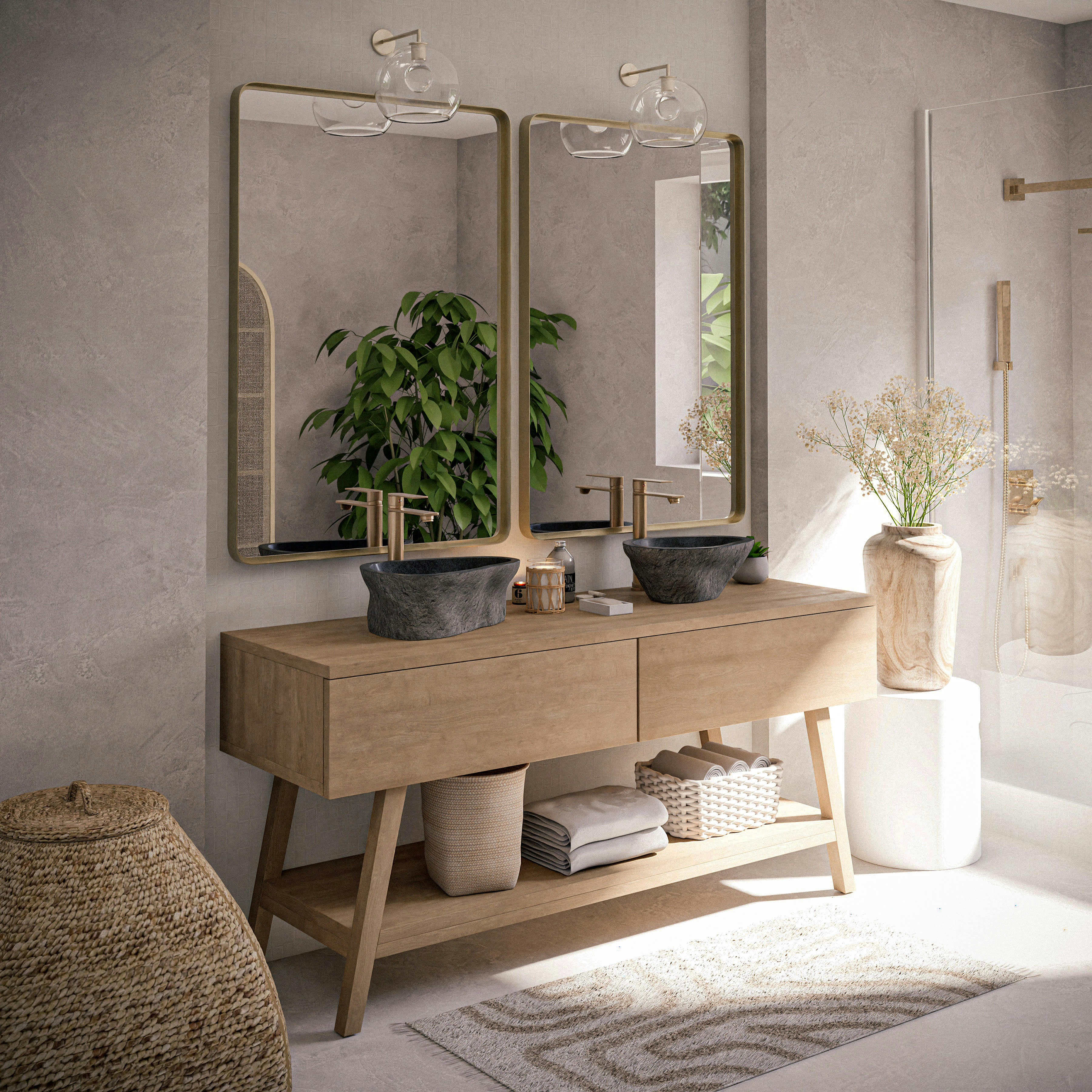 - Corbeille à papier tressée en fibre végétale blanchie H 27 cm