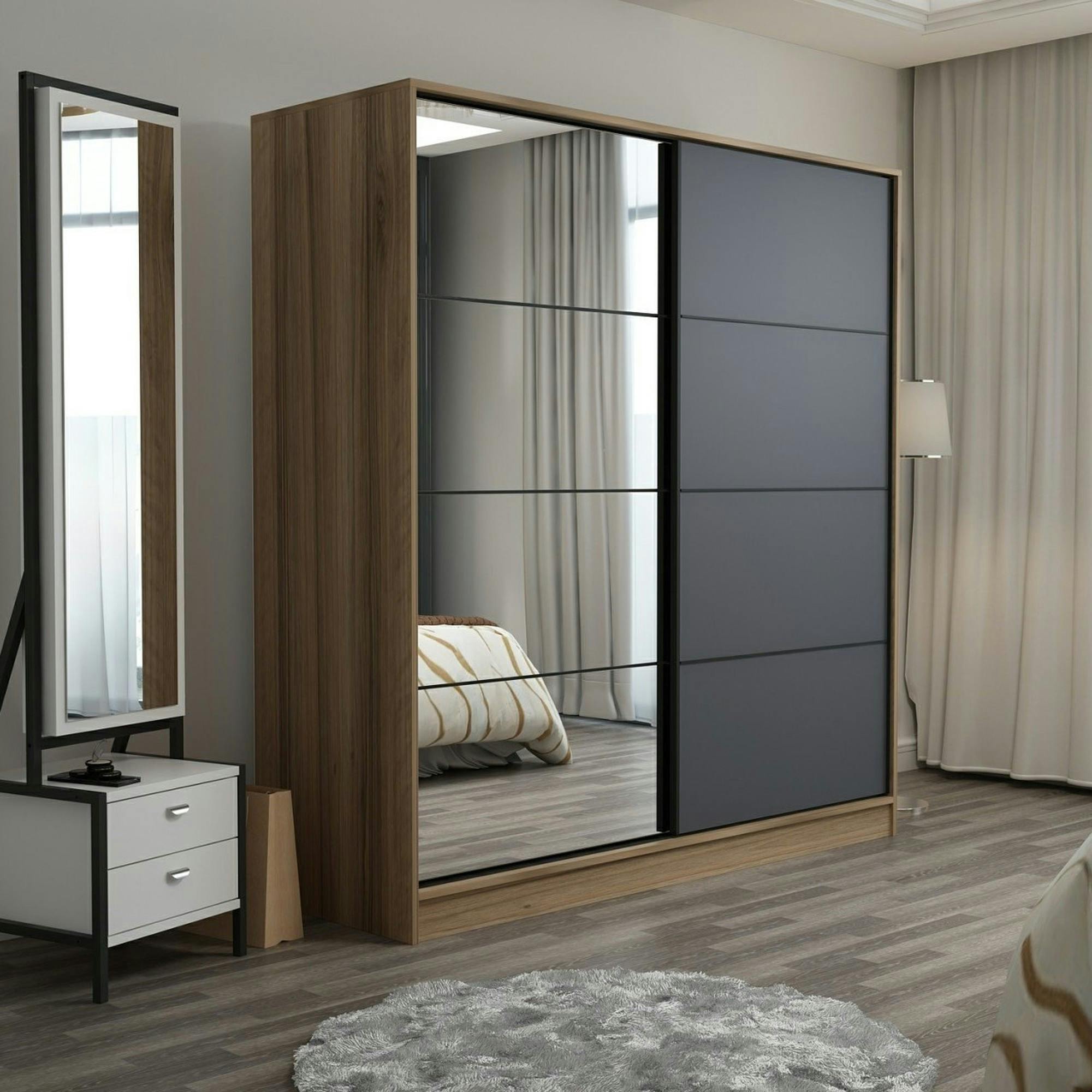 Armoire portes coulissantes effet bois & gris, 1 miroir BYRON