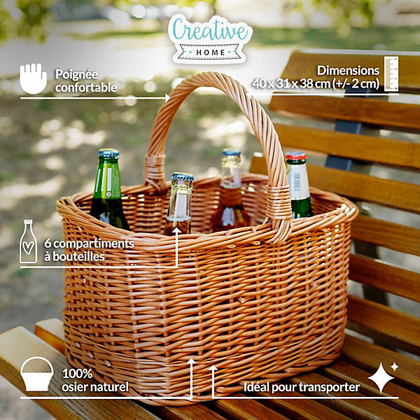Creative Home Panier à Bouteilles en Osier 6 Compartiments - 40 x 31 x 38 cm ( /- 2 cm) - Tissé à la Main - Sac de Transport