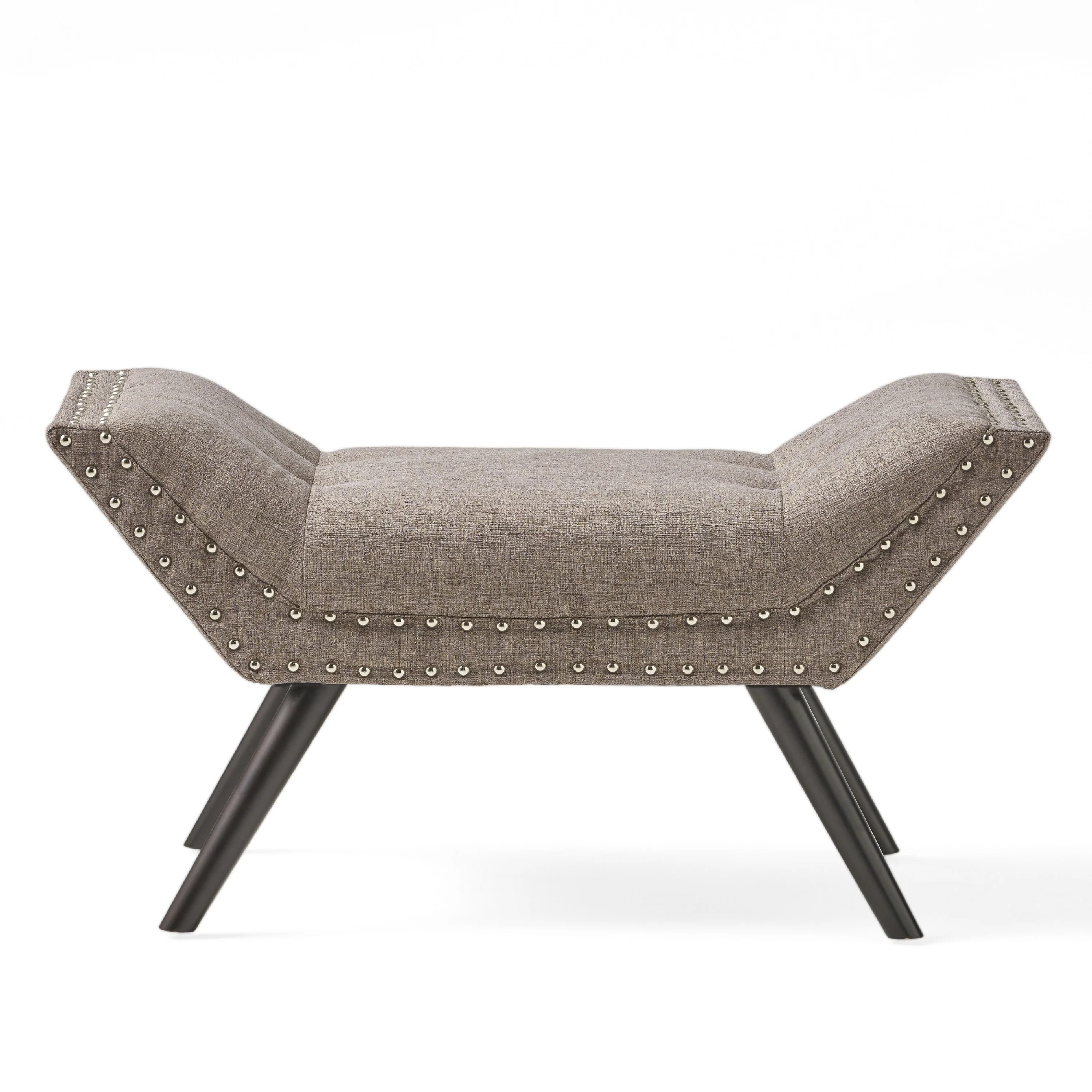 Vibe Ottoman Bench, Tufted Gray Fabric, 36 Inch, Nailhead Trim