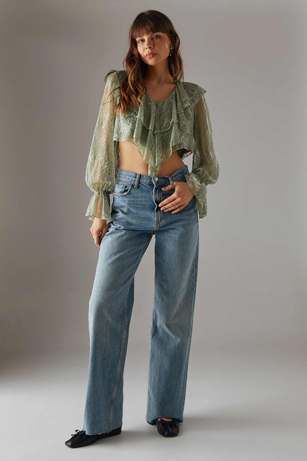 Warehouse Lace Double Ruffle Blouson Blouse