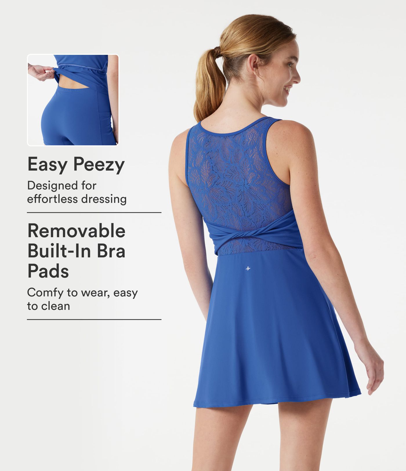 Robe sport de tennis mini SoftlyZero™ sans manches avec dentelle contrastée torsadée, brassière intégrée et poches - Easy Peasy - UPF50