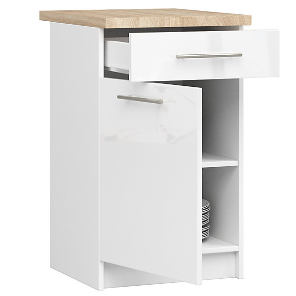 Mobile da cucina indipendente: 1 cassetto, 1 anta, 2 ripiani, bianco / bianco lucido, 50 x 85 x 46 cm