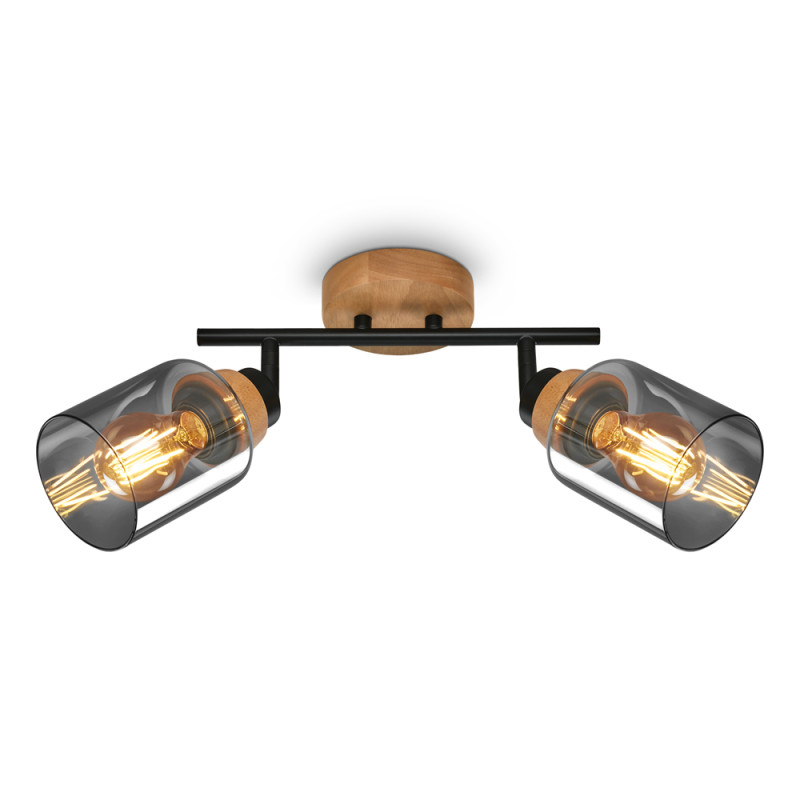 Spot rond en bois et verre fumé E27 2 x 10 W BRILONER