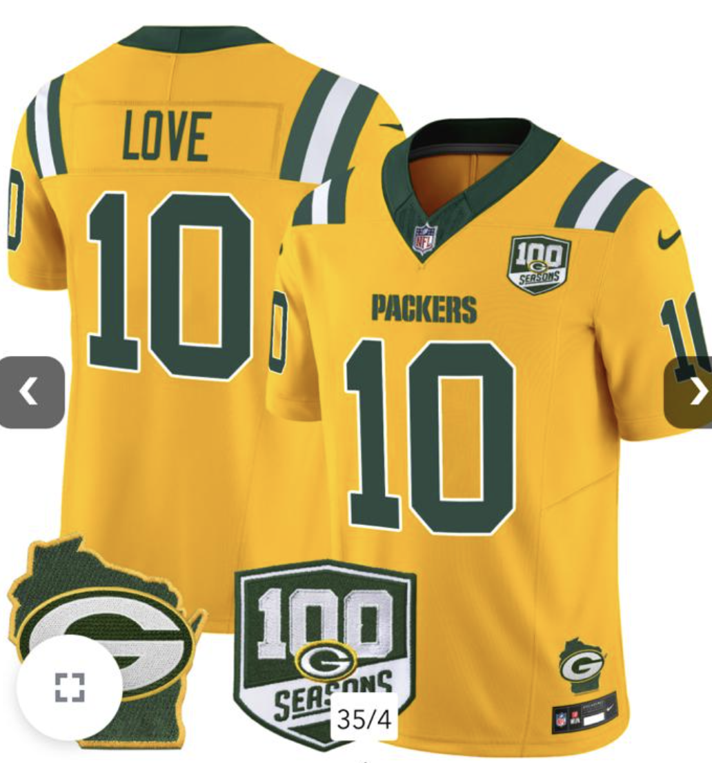 Jordan Love Green Bay Packers 100 Seasons 10# Jersey - Yellow