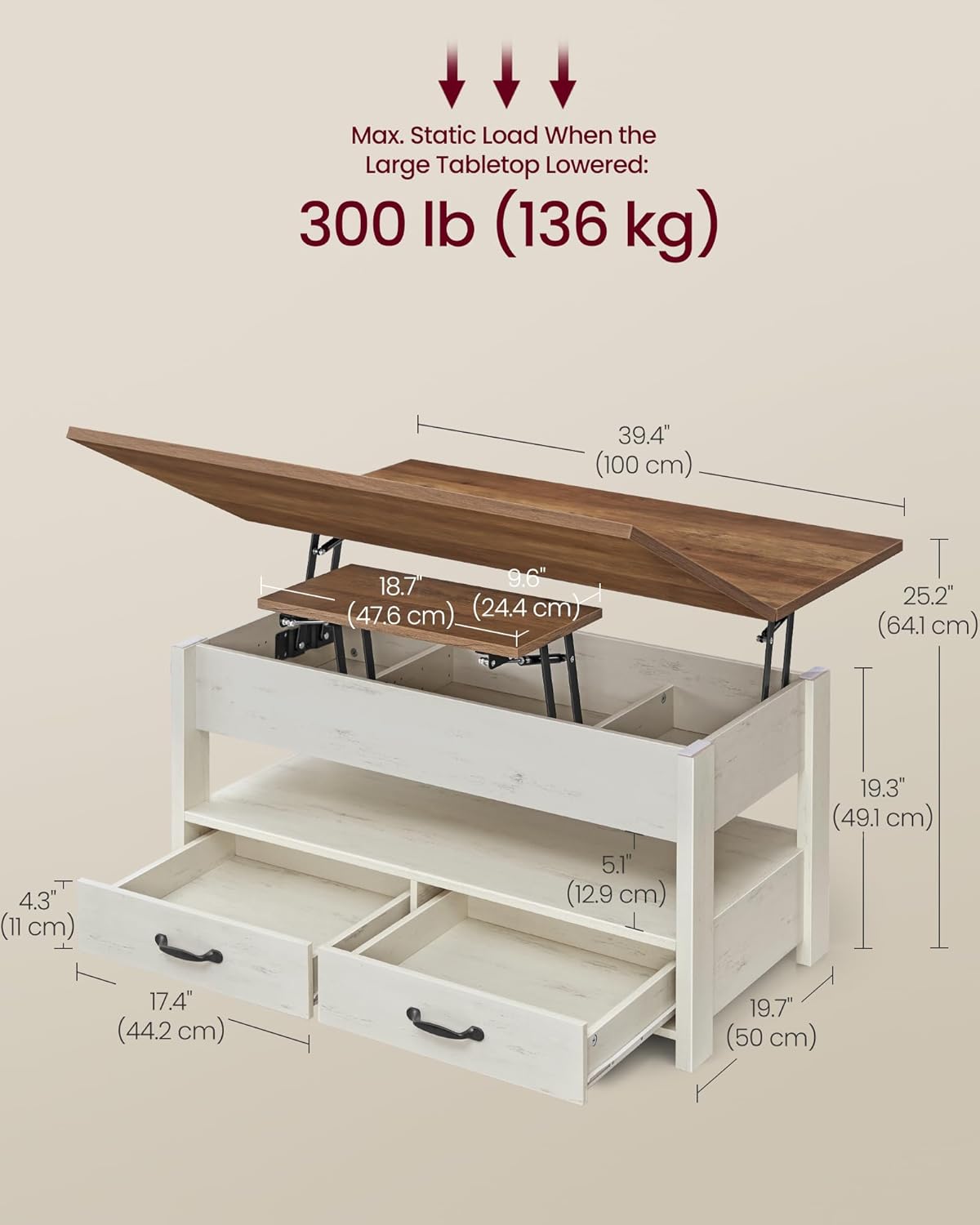 VASAGLE Coffee Table Lift Top, 3 in 1 Center Table with Storage, Gas Spring, 2 Drawers and 3 Hidden Compartments, Open Shelf, for Living Room, Home Office, Honey Brown and Rustic White ULCT254W01