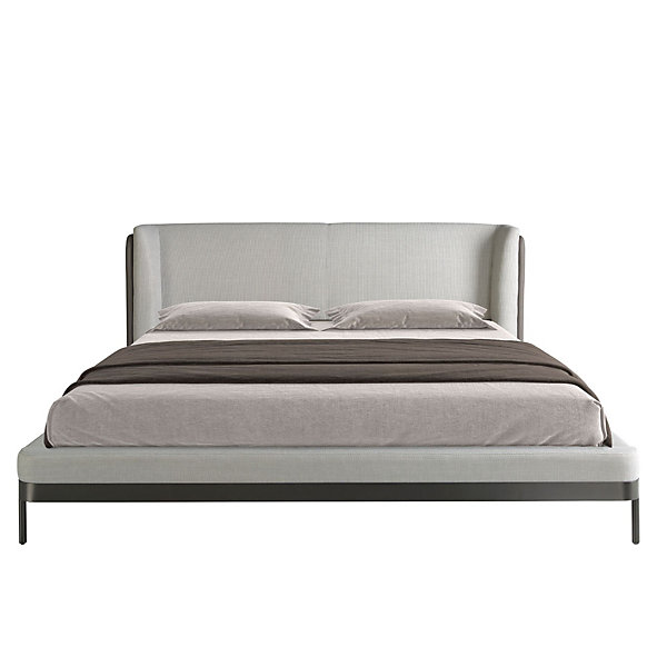 Lit moderne en tissu gris clair et similicuir noir pour chambre élégante