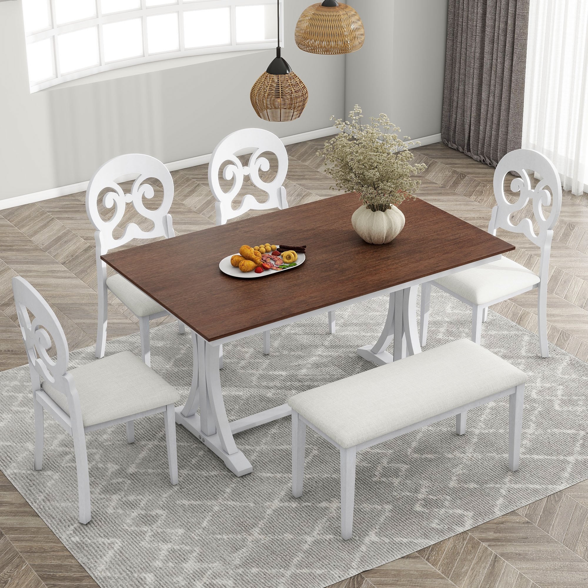 6-Piece Wooden Dining Table Set with 4 Upholstered Chairs & Bench