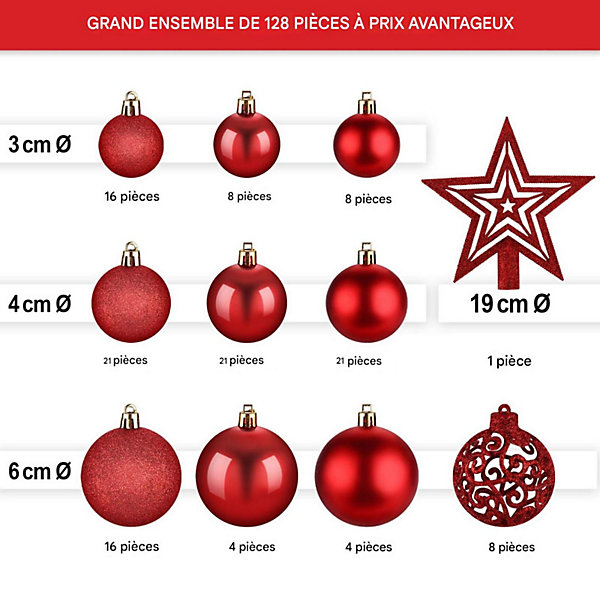 Boules de Noël Rouges Décorations de sapin Coffret de 128 pièces inclus ètoile de sapin-5 cartes