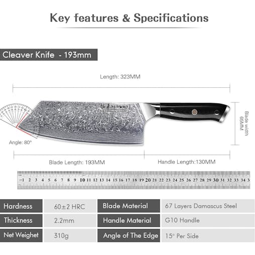 NNEOBA 7.5-Inch Damascus Steel Cleaver Knife G10 Handle Black