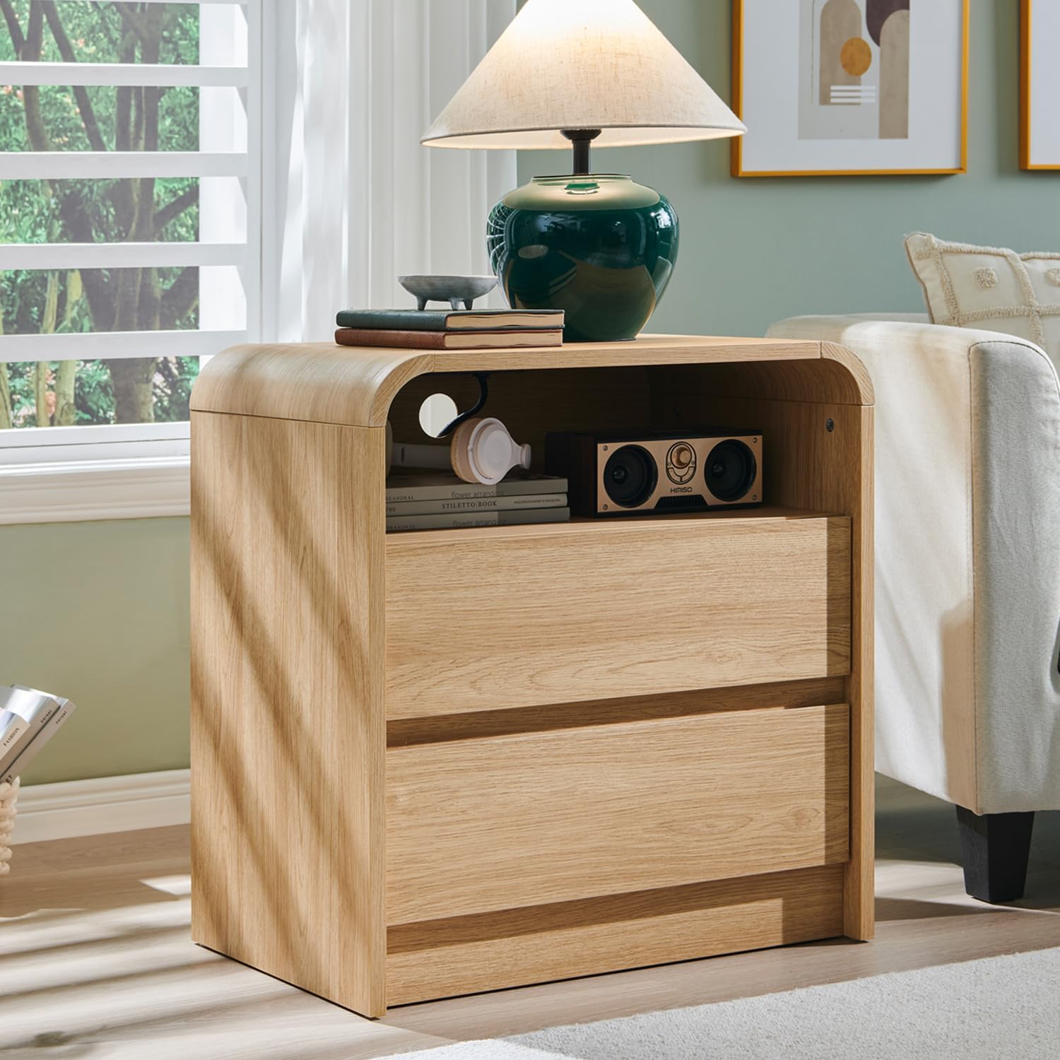 25 Tall Modern Nightstand Set of 2, 23.6'' Wide Wood Bedside Table w/2 Storage Drawers, Charging Station, Mid Century End Table for Bedroom, Living Room,Curved Profile Design, Natural Oak | Modern, Set of 2, Bedside Table, 2 Storage Drawers, Chargin