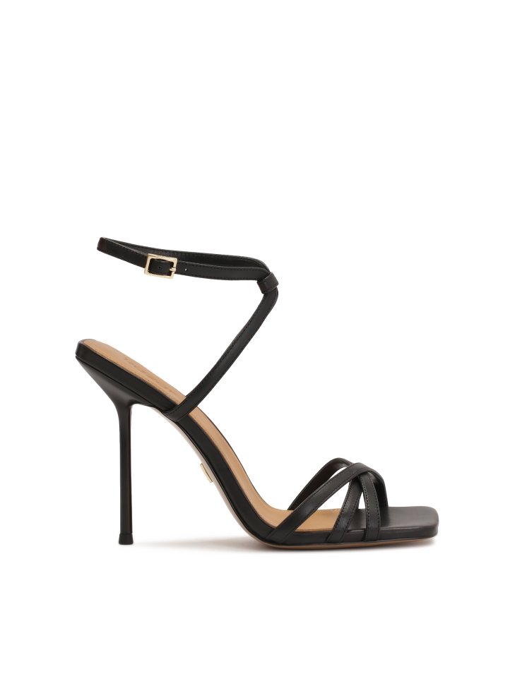 Black sandals with a slender heel