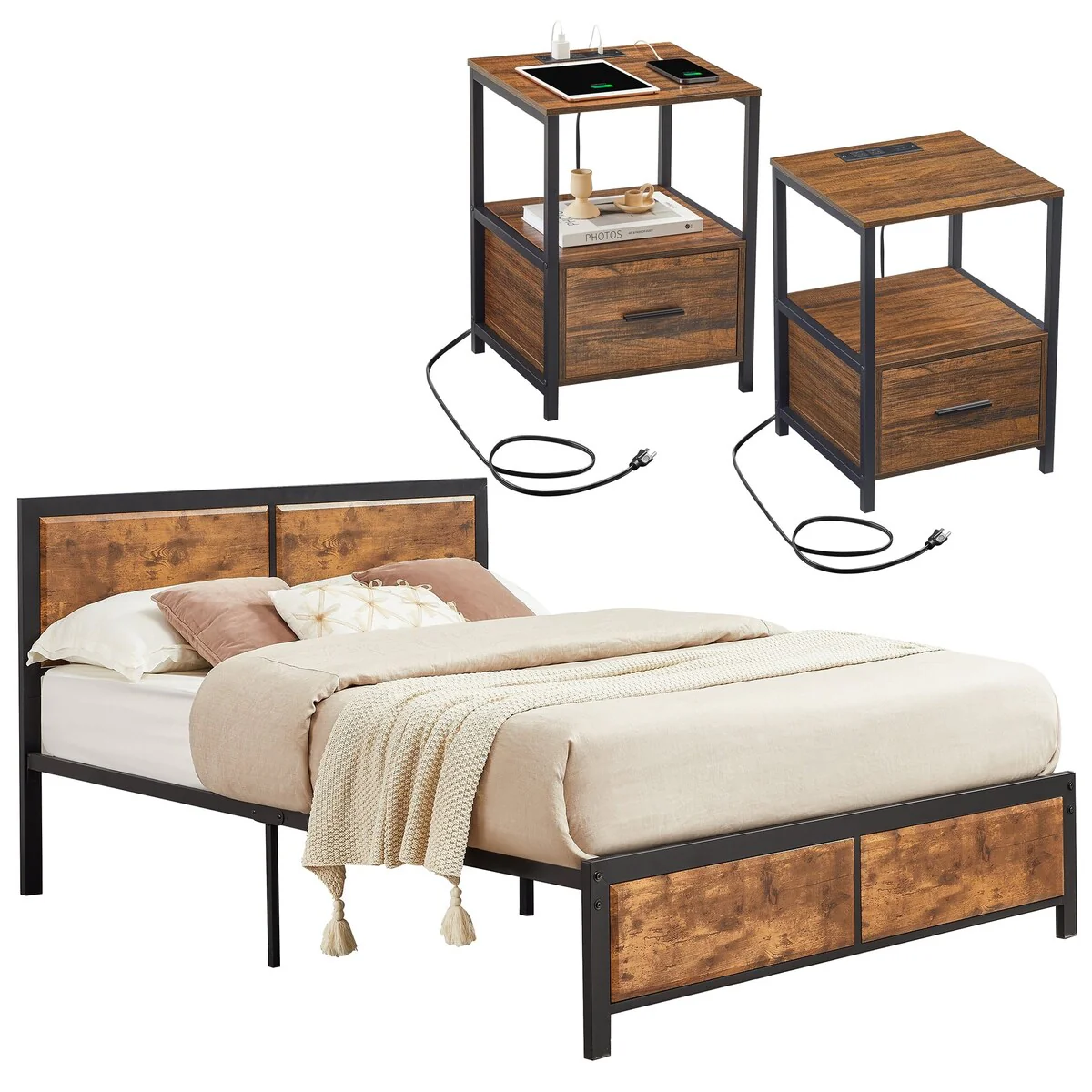 Bedroom Set of 3 Wood Headboard Platform Bed Frame Set of 2 Nightstands with Charging Station USB Port