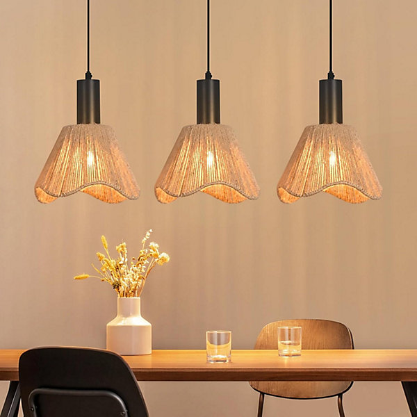 Nettlife Suspension Rotin Boho 3 Lampes - Lustre Vintage Tressé Corde Chanvre E27(Sans Ampoule)