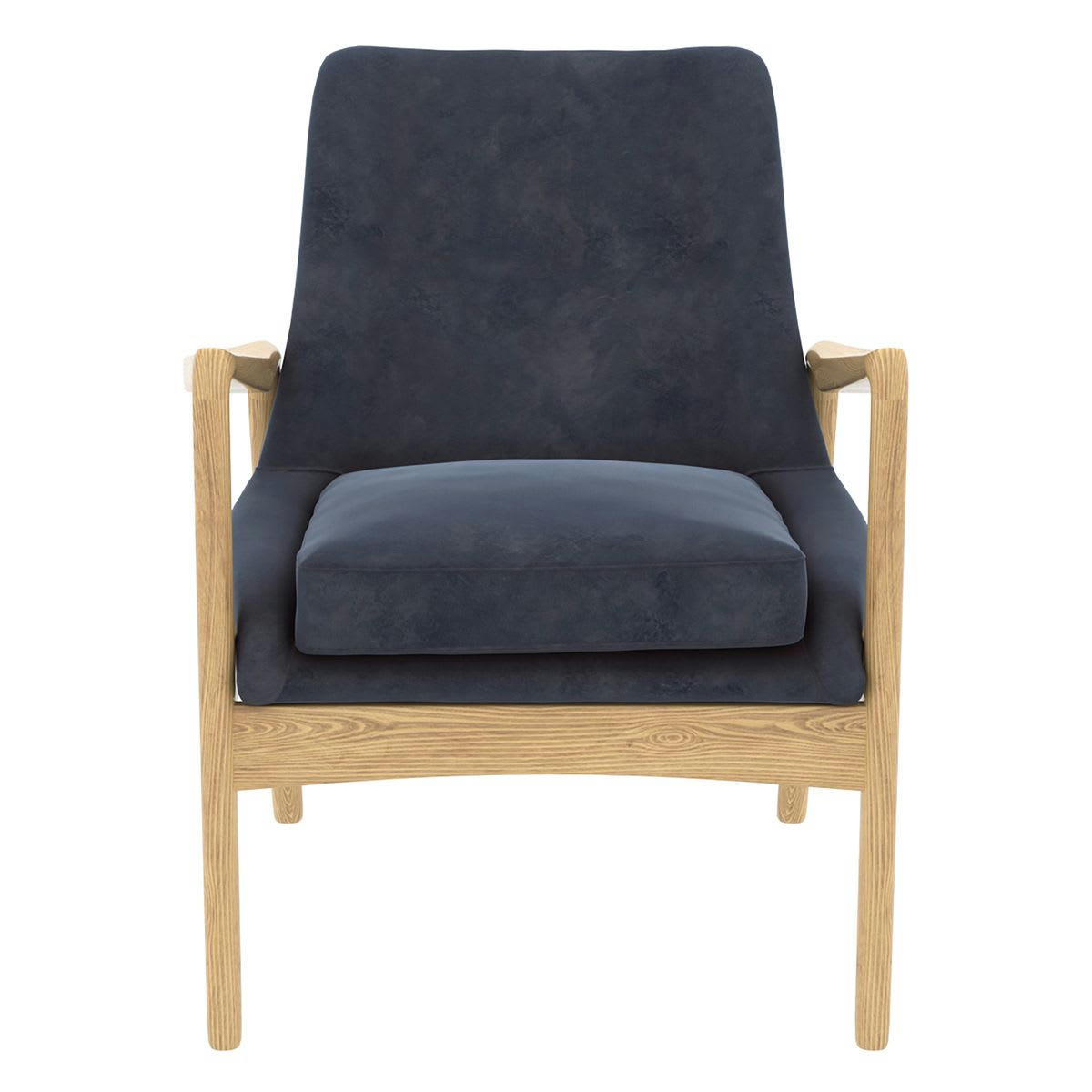 NACHO - Fauteuil velours bleu foncé pieds frêne naturel