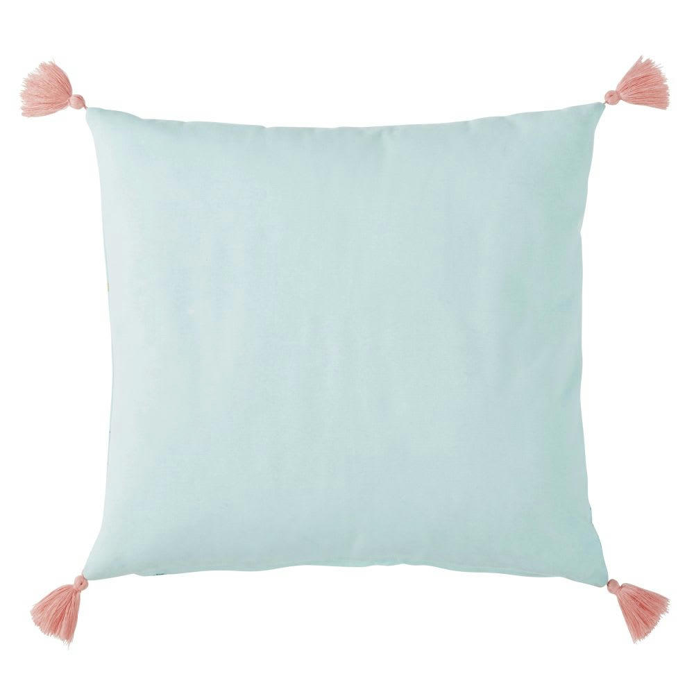 ROUSTINA - Coussin en coton vert imprimé à pompons 40x40