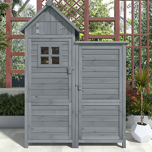 Abri de jardin en bois de sapin avec toit étanche - Abri à outils avec étagères et espace pour longs manches - Gris