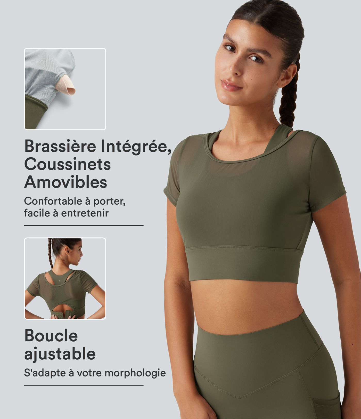 Crop top de running effet frais InstantCool à séchage rapide avec encolure bateau, mesh contrasté, manches courtes, coussinets amovibles et protection solaire UPF50
