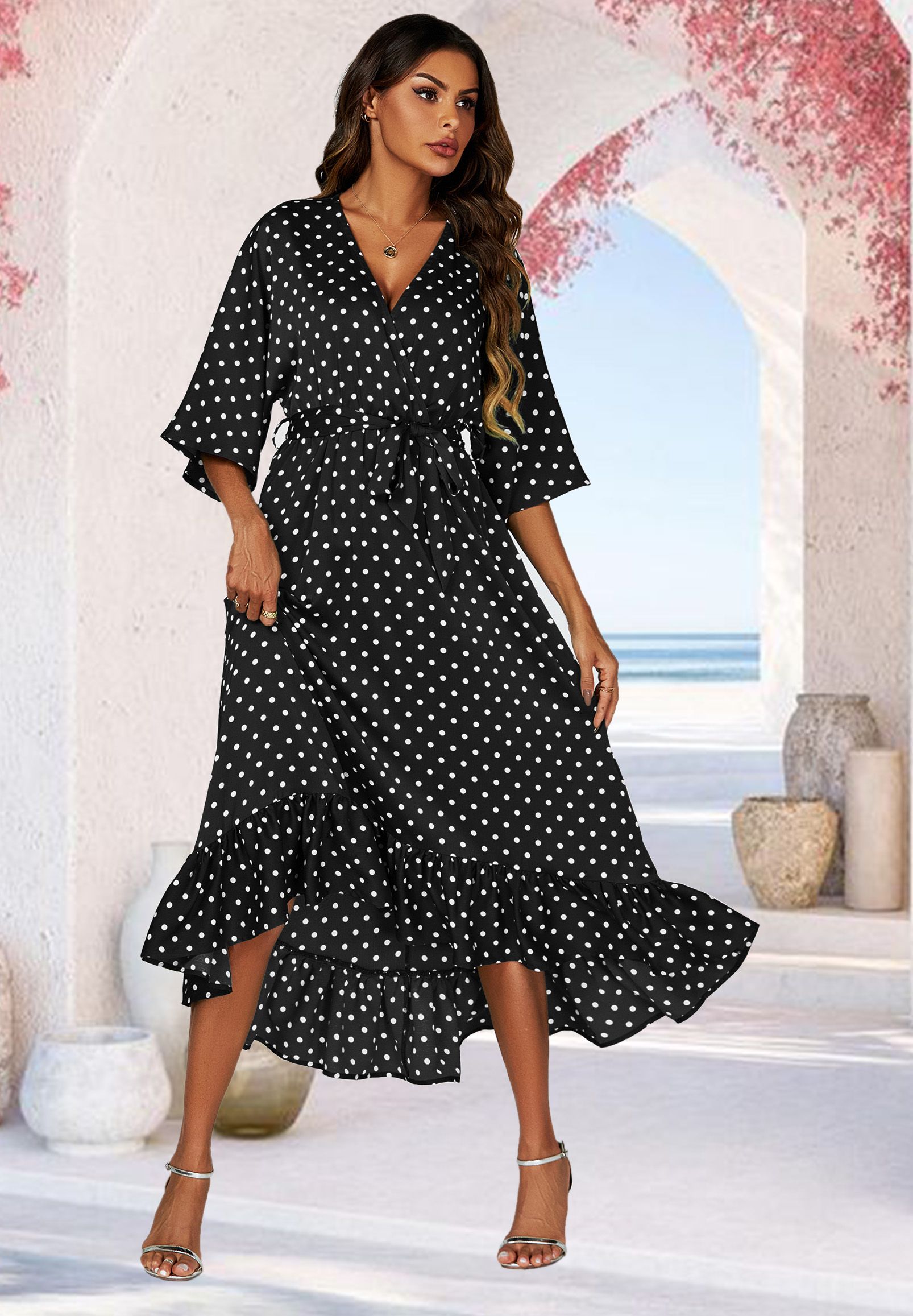 FS Collection Polka Dot Print Wrap Top Kimono Sleeve Maxi Dress In Black