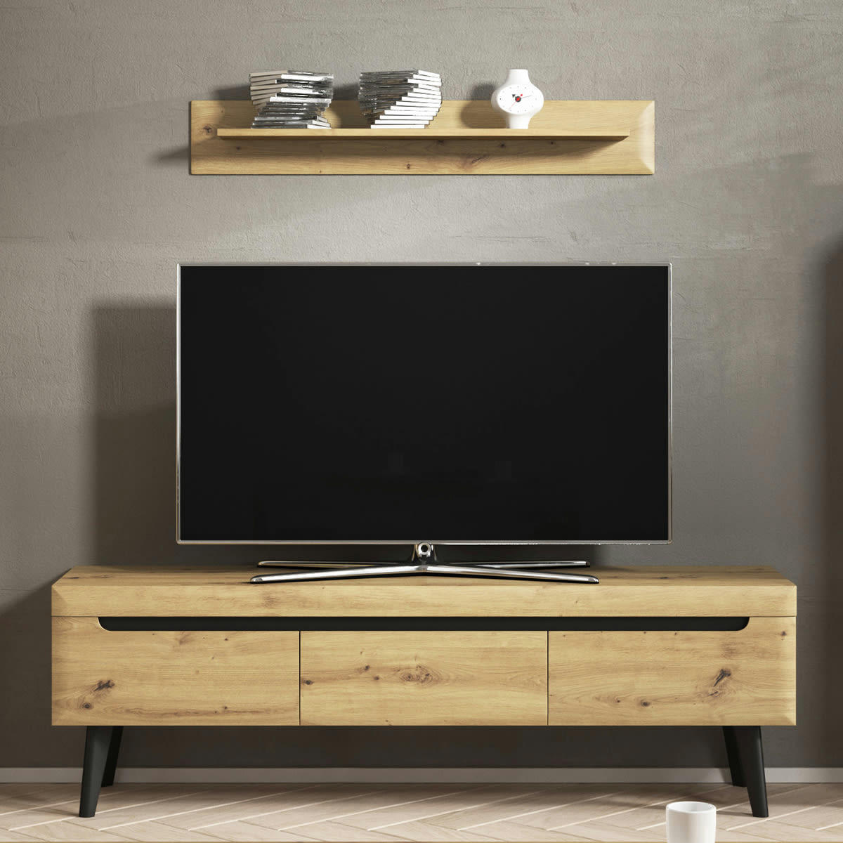 - Meuble tv 3 tiroirs 160 cm naturel et noir