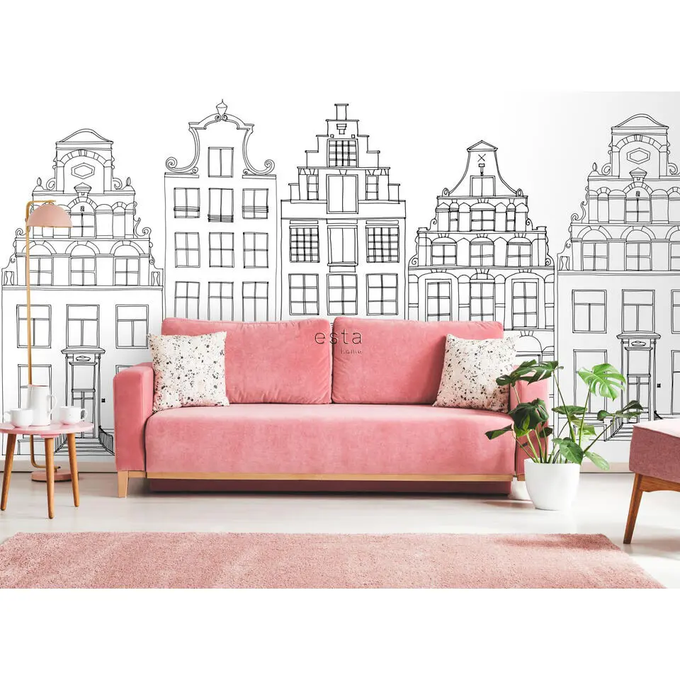 ESTAhome fotobehang getekende Amsterdamse grachtenhuisjes zwart en wit