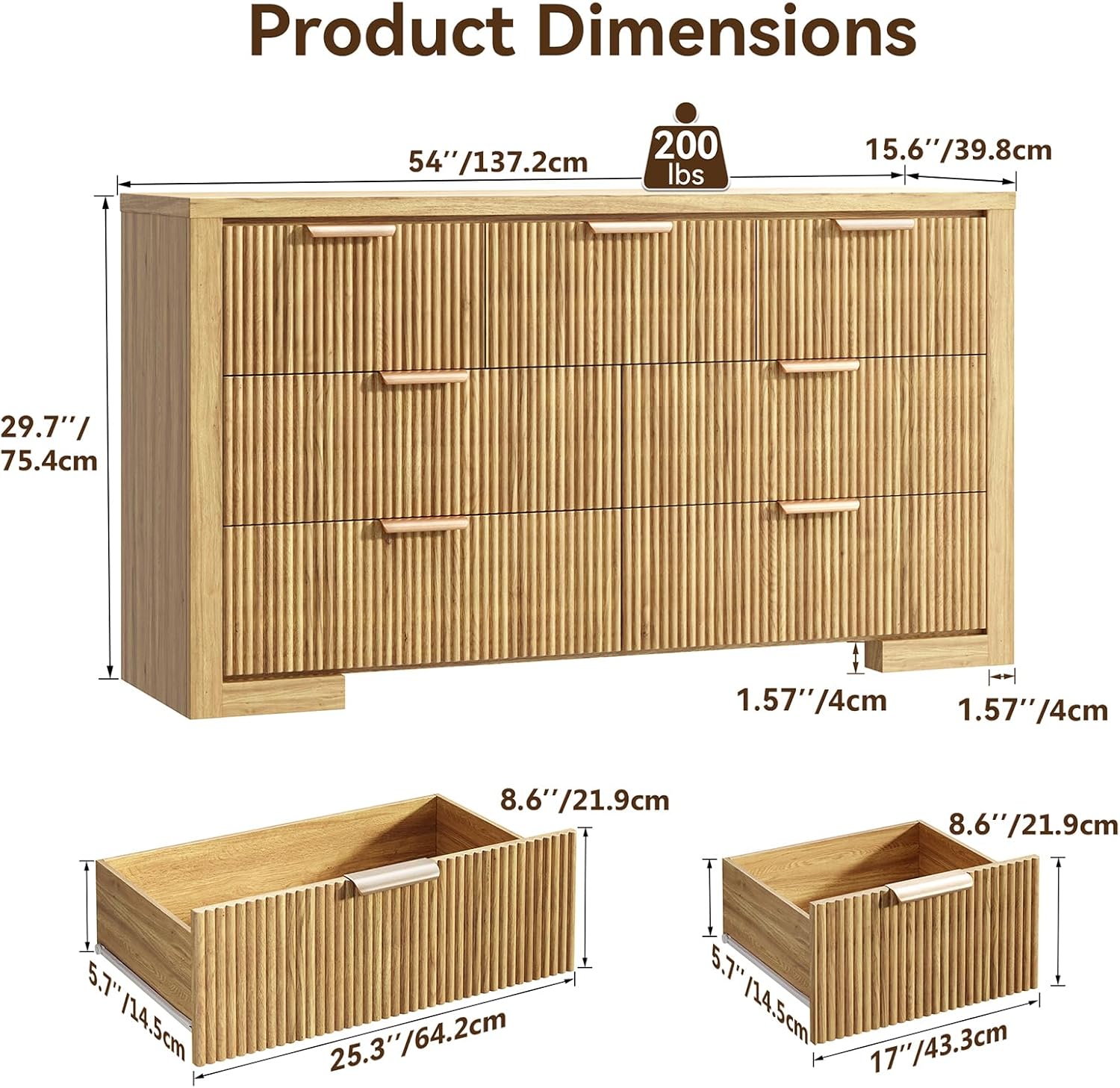 Fluted Dresser for Bedroom, 7 Drawer Dresser with Gold Handle, 54 Wide Chest of Drawers, Modern Wood Dressers Organizer for Bedroom, Liveroom, Entryway, Natural Oak