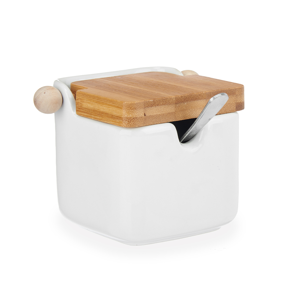 Açucareiro branco em cerâmica com tampa em bambu 190ml