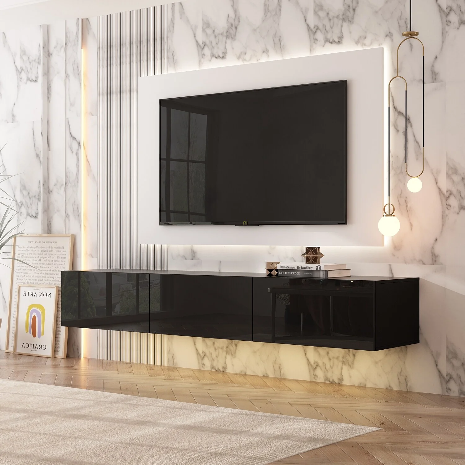 63 Floating Entertainment Center, Wall Mount LED TV Stand High Gloss