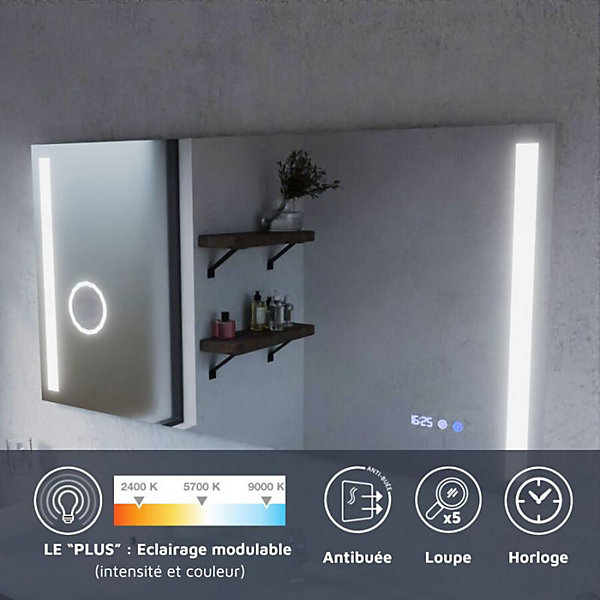 Miroir LED avec antibuée, loupe et horloge DUETTO - 140 x 70 cm